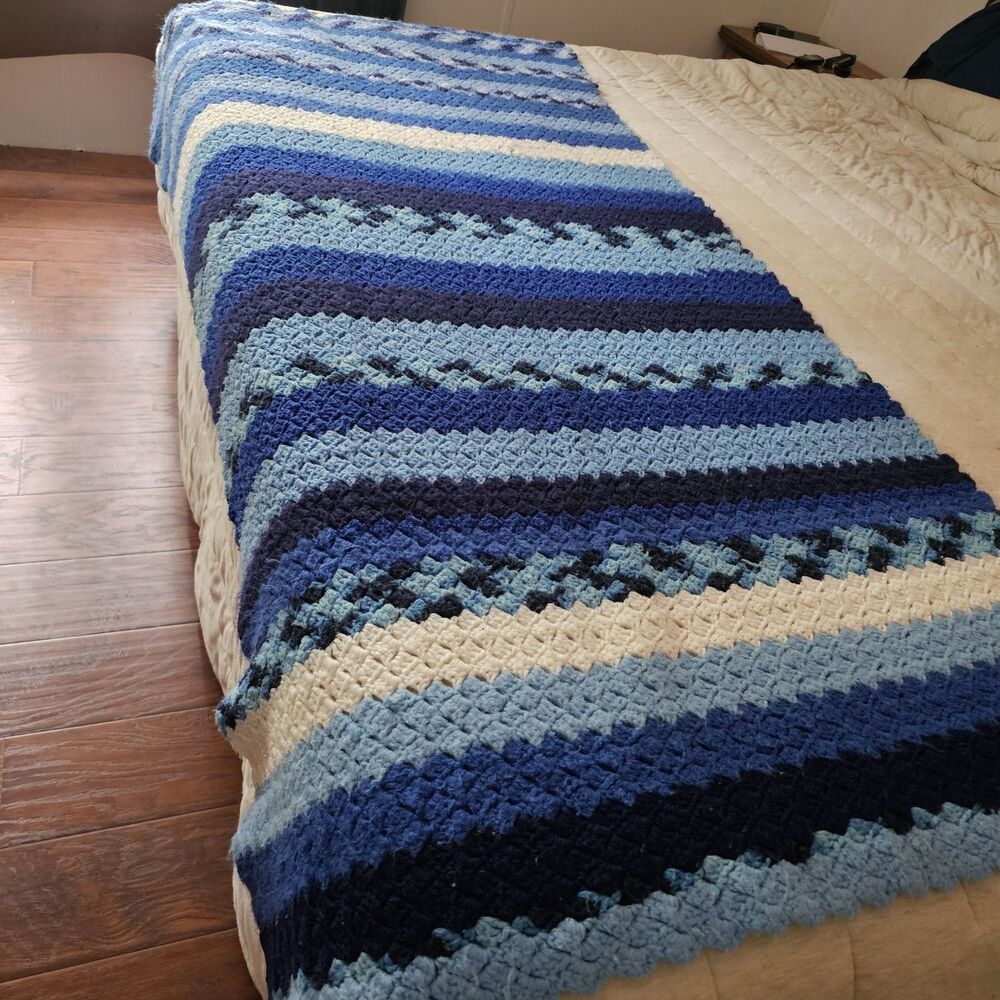 Handmade Crochet Afghan Blue White Striped Throw Blanket 68x43 Scalloped Edge